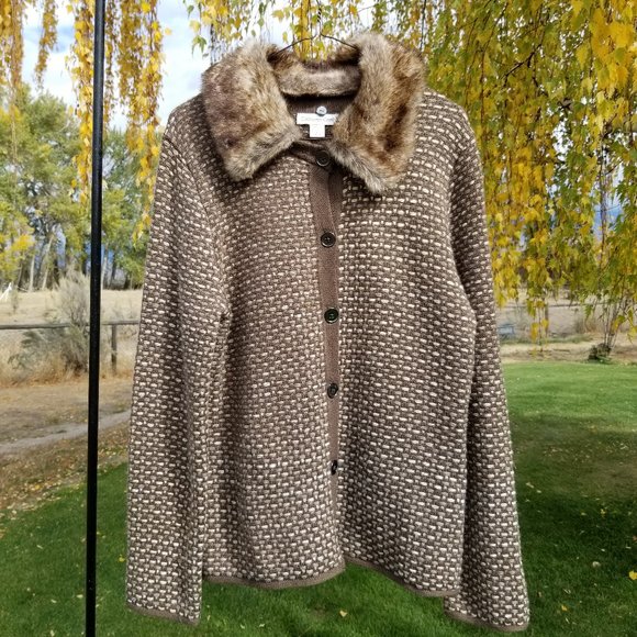 Coldwater Creek Sweaters - Coldwater Creek Faux Fur Collar Wool Blend Cardigan Size Medium